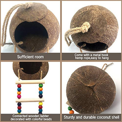 Hanging Coconut Birds House with Ladder,Natural Coconut Fiber Shell Bird Nest for Parrot Parakeet Lovebird Finch Canary,Coconut Hide Birds Swing Toys for Hamster,Bird Cage Accessories,Pet Bird Supply