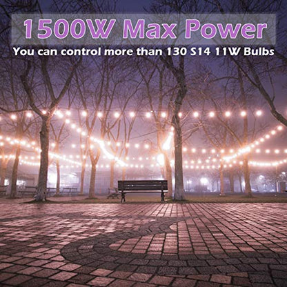 Outdoor Dimmer for String Lights 1500W, IP67 Waterproof/150FT Range/Timer Control/3 Prong Outlet for Outdoor LED String Lights & Incandescent Bulbs, Wireless RF Remote Plug-in Dimmer Switch