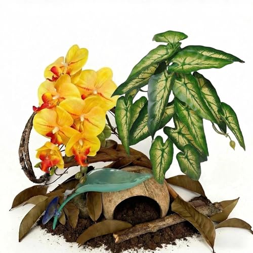 Crested Gecko Tank Decor Kit with Artificial Plants, Vine & Coconut Hide | 5PCS Rainforest Terrarium Set with Orchid & Leaf Platform, Gecko Habitat Accessories for Climbing, Hiding & Decor - color: Yellow