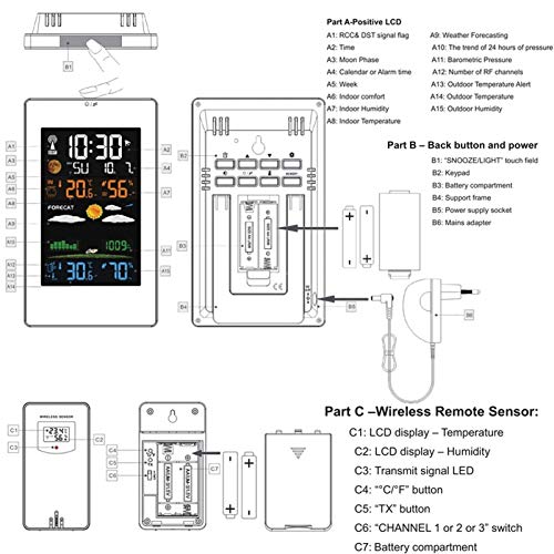 Wireless Weather Station Indoor Outdoor Weather Forecaster Sensor Digital Thermometer Hygrometer Monitor Moon Phase