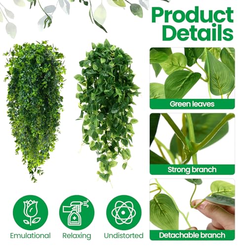 XunYee 28 Pcs Artificial Hanging Plants 32 Inch Plastic Fern Vine Fake Greenery Plant Faux Eucalyptus Vine for Wall Room Wedding Indoor Outdoor Decor, No Baskets(Boston Fern,Greenery, Eucalyptus) - style: Boston Fern,Greenery, Eucalyptus