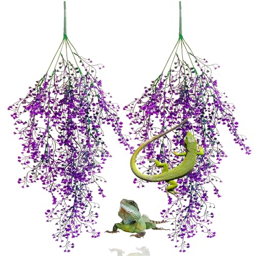 Hanging Plants for Reptile Tank,Bearded Dragon Plastic Flexible Fake Vines Plant Leaves with Suction Cup Lizards Terrarium Habitat Decorations for Geckos Turtles Snake Frog Chameleon(2 Pcs)