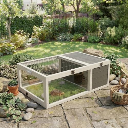 39.5" Wood Tortoise House Indoor Outdoor Turtle Habitat - XL Small Animal Hutch with 3 Acrylic Windows, Waterproof Pull-Out Tray & Sleeping Area for Lizards, Geckos, Snakes, Grey