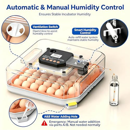 48 Egg Incubator with Auto Turner, Digital Temperature and Humidity Control, Built-in Egg Candler, External Water Refill - for Hatching Chicken, Duck, Quail, Goose Eggs