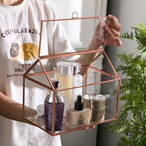 House Shape Close Glass Geometric Terrariumn Tabletop Succulent Plant Garden Geo Planter Moss Fern Swing Lid Reptile, Flower Pot for Plants Succulent, Air Plant (Rose Gold) - color: Rose Gold