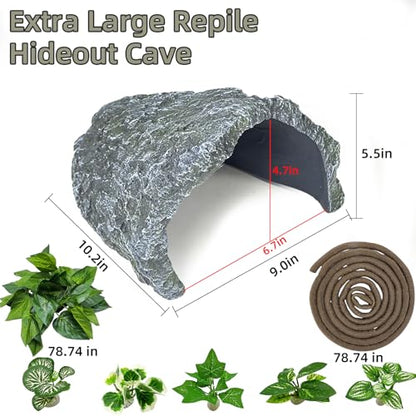Tfwadmx Extra Large Reptile Hideout,Tortoise Hide Cave Shelter,Reptile Basking Platform with Vines Plant Leaves,Bearded Dragons Hiding Rock Terrarium Habitat Decor for Lizards,Snakes,Turtles,Geckos
