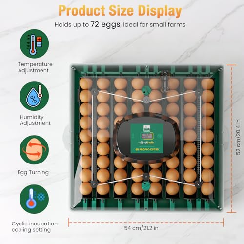 Egg Incubator for Chicken Eggs, Max 72 Egg Large Capacity with Automatic Egg Turner and Humidity Control, Egg Hatching Incubator for Chicken, Quail, Duck with 360° Clear View for Farm & Classroom