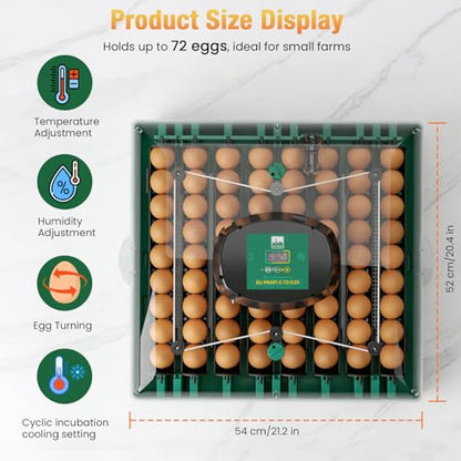 Egg Incubator for Chicken Eggs, Max 72 Egg Large Capacity with Automatic Egg Turner and Humidity Control, Egg Hatching Incubator for Chicken, Quail, Duck with 360° Clear View for Farm & Classroom