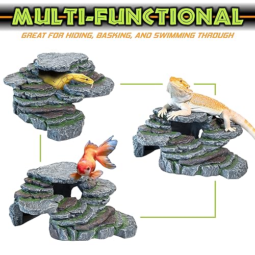 Reptile Hide & Cave Hideout Rainforest Series - Reptile Ledge Hide, Basking Rock, Terrarium & Aquarium Decor, Decorative Resin for Lizards, Fish, Snakes, Amphibians, Small Animals