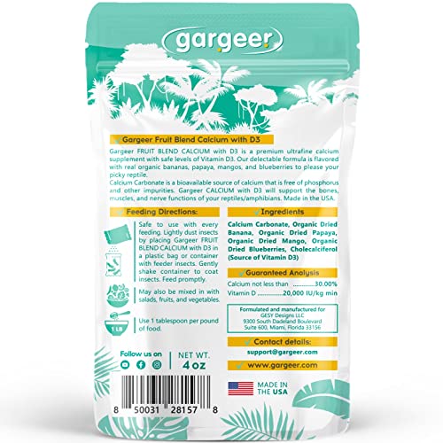 Gargeer 4oz All Reptile Calcium with Vitamin D3, Phosphorus-Free, Ultrafine Powder. Pure dust, Real Fruits Blend Flavored Ready to Use Supplement, for Lizards & Amphibians. Made in the USA. Enjoy !