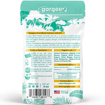 Gargeer 4oz All Reptile Calcium with Vitamin D3, Phosphorus-Free, Ultrafine Powder. Pure dust, Real Fruits Blend Flavored Ready to Use Supplement, for Lizards & Amphibians. Made in the USA. Enjoy !