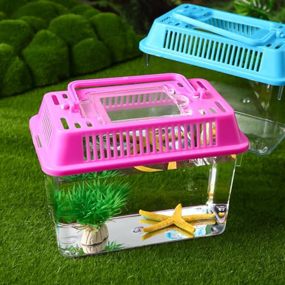 STOBOK Portable Fish Tank 5.90X4.33X3.74 Inch Handheld Aquarium Turtle Box Plastic Breeding Case with Handle for Small Pets Travel and Reptile Carrier