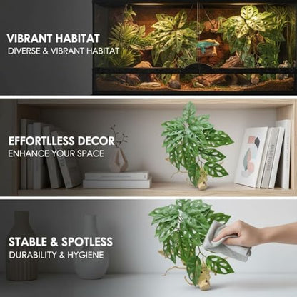 Artificial Green Foliage Plant, 6.7 x 9.1 in Fake Tropical Leaves with Realistic Wood Trunk, 23 Textured, Stable Base, for Reptile Terrariums & Home Decor