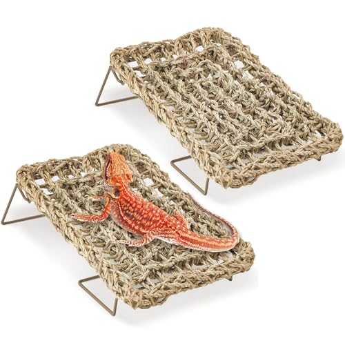 BNOSDM Bearded Dragon Bed 2PCS Reptile Lounger with Metal Legs Sea Grass Mat Basking Platform Lizard Hammock Tank Accessories Climbing Habitat Decor for Leopard Gecko, Snake, Hermit Crab, Frog - color: 2PCS Hammock