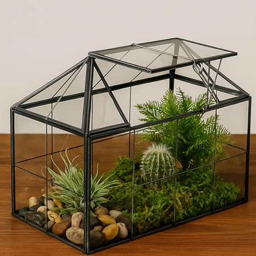 HighFree Geometric Terrarium Planter with Swing Lid, House Shape Black Handmade Glass Box, Vintage Tabletop Miniature Terrarium, for Succulent, Cacti, Air Plants (Not Watertight - 9.2x5.5x7.3 inch)