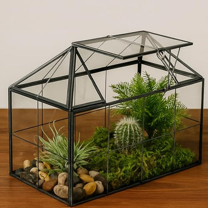 HighFree Geometric Terrarium Planter with Swing Lid, House Shape Black Handmade Glass Box, Vintage Tabletop Miniature Terrarium, for Succulent, Cacti, Air Plants (Not Watertight - 9.2x5.5x7.3 inch)