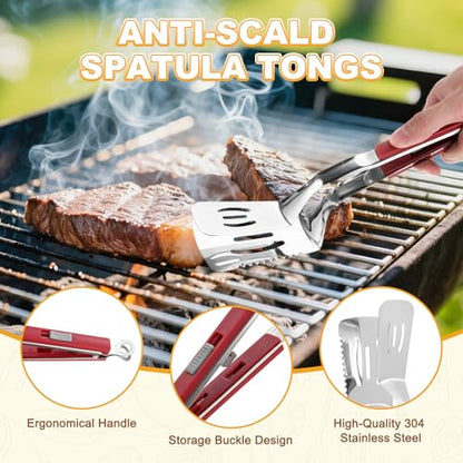 M METERXITY Spatula Tongs, 13.4 Inch 304 Stainless Steel Anti-Scald Extended Serrated Multifunctional Flipper Grill Clamp for Cooking/Barbecue, Kitchen Cooking Tong [Red Handle, Silver Tone] - color: Red Handle, Silver Tone