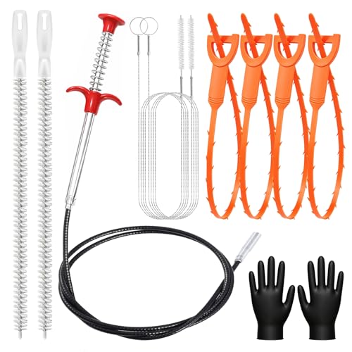 10PCS Drain Snake Kit, 63" Heavy Duty Plumbing Auger, 60" Sink Snake Brush, 20" Clog Remover, 18" Cleaning Brush with Gloves, Pipe Cleaner for Kitchen Sink, Bathtub, Toilet, Sewer Drainage - style: 10SET Light Duty