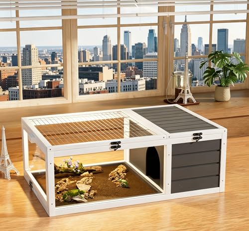 39.5" Wooden Tortoise House Indoor Turtle Habitat with 2 Removable Waterproof Trays & Acrylic Observation Windows, Reptile Cage for Lizards, Geckos & Small Pets