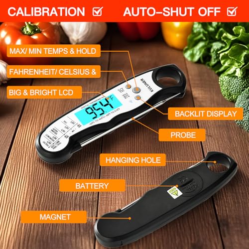 KULUNER Instant Read Food Thermometer, White Waterproof Digital Meat Thermometer with 4.6" Folding Probe, Backlight & Calibration, 2-3s Fast Reading for Kitchen Baking Grilling Cooking - White - color: White