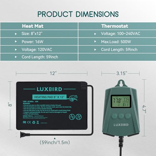 Luxbird Reptile Heating Pad 8x12 Inch with Dual Output Reptile Thermostat LB-2SC Combo Set Under Tank Terrarium Heating Mat for Turtles, Lizards, Frogs, and Other Reptiles