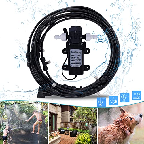 Fogland Pump Misting System: Outdoor Misting System 49ft Misting Cooling System with 16pcs 0.016" Orifice Thread Stainless Steel Misting Nozzle for Patio Garden Backyard - size: 0.016" Orifice/49FT with 12V Pump