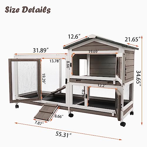 Gowoodhut Rabbit Hutch Indoor Outdoor 2 Story Bunny Cage with 3 No Leak Trays,55.31" L Guinea Pig Cages Rabbit Cage with 6 Wheels for Guinea Pig,Rabbit for Rabbit Lover|Pet Lover(White/Grey) - size: 55.3"L x 21.7"W x 34.7"H