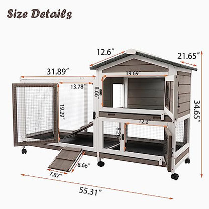 Gowoodhut Rabbit Hutch Indoor Outdoor 2 Story Bunny Cage with 3 No Leak Trays,55.31" L Guinea Pig Cages Rabbit Cage with 6 Wheels for Guinea Pig,Rabbit for Rabbit Lover|Pet Lover(White/Grey) - size: 55.3"L x 21.7"W x 34.7"H