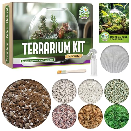 DUSPRO Terrarium Kit, Include Potting Soil, Pumice, Zeolite, Green Moss, Sphagnum Moss, Decorative Stone, Mesh, Tools, DIY Terrarium Kit for Kids, Air Plant, Succulent - size: Terrarium Kit