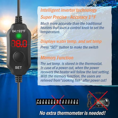 30W Mini Aquarium Heater for 4-6 Gallon Tanks | Submersible Fish Tank Heater with Digital Thermostat, Dry-Run & Overheat Protection, Memory Function - size: For Aquariums ≤ 6 Gal