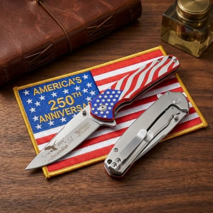 Snake Eye Tactical 7.75" Folding Pocket Knife – 420 Stainless Steel Fine Edge Blade, Metal Handle with Wavy USA Flag Graphic, Pocket Clip, 250th Anniversary Edition - color: American Flag