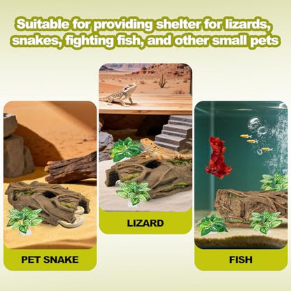Lizard Snake or Reptile Hide, Large Reptile Hideout Hollow Tree Trunk Ornament Bearded Dragon or Gecko Tank Accessories Terrarium Decor with Peek-Through Hole