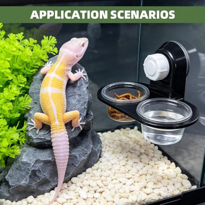 Black Gecko Feeding Ledge with 100 PCS 0.7 oz Disposable Plastic Cups and 1 Tweezer, Detachable Suction Cup Reptile Food Water Feeding Station for Crested Gecko, Lizard, Small Reptiles and Amphibians