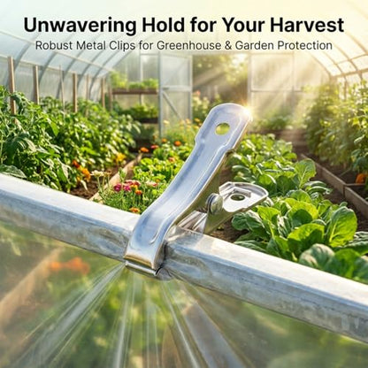 RAINFLOW 50 PCS Garden Clips - Stainless Steel Greenhouse Clamps,Grip Strong Heavy Duty Metal Greenhouse Supplies,Garden Clips for Netting, Hoops,Shade Cloth,Plant Cover
