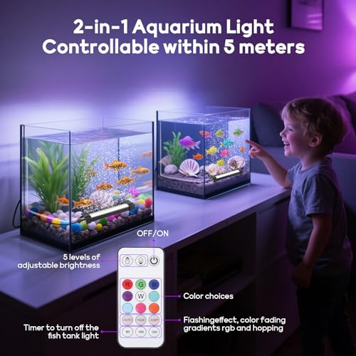Fish Tank Bubbler Light for Aquarium: 2-in-1 Aquarium Grow Light with APP & Remote Control for Aquatic Pet Enthusiasts - RGB Changing Fish Lamp for 2-5 Gollon Freshwater Saltwater Tank Decor - size: 5.3 inch (2-in 1 with APP)