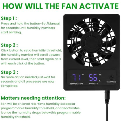Reptile Ventilation Fan, Auto Temperature/Thermometer Control LED Digital Humidity Gauge, °C/°F Switchable Dehumidifier for Reptile Tank, Rainforest, Ecological Pet Rearing Box (Automatic Humidity)
