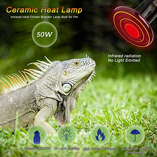 50W Ceramic Heat Emitter Che Bulb Reptile Heat Lamp No Light Emitted Pet Brooder Coop Heater Heat Bulb Black-2 Pack