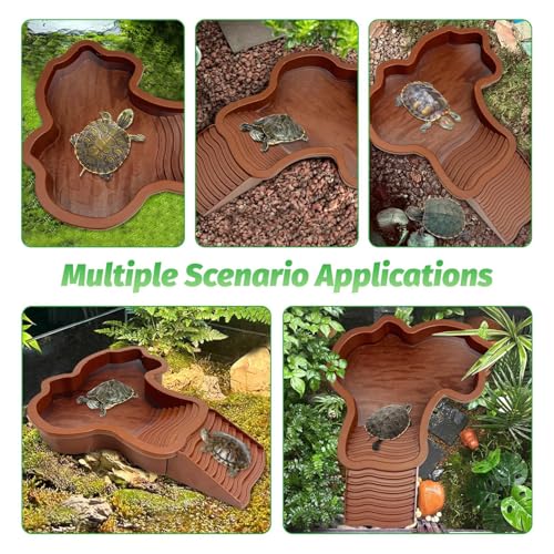 PINVNBY Large Reptile Bathing Pool Tortoise Water Dish with Removable Ramp and Leaf Reptile Food Dish & Water Bowl Tortoise Habitat Accessories for Turtle Lizard Gecko Snake (Red)