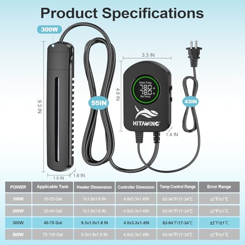 HiTauing Aquarium Heater, 100W/200W/300W/500W Fish Tank Heater with Upgraded LED Large Display, Up/Down Control Buttons and Intelligent Leaving Water Automatic Power-Off for Saltwater and Freshwater - size: 300W for 40-75 Gallon