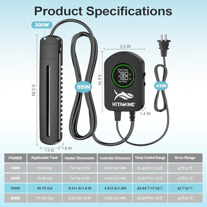 HiTauing Aquarium Heater, 100W/200W/300W/500W Fish Tank Heater with Upgraded LED Large Display, Up/Down Control Buttons and Intelligent Leaving Water Automatic Power-Off for Saltwater and Freshwater - size: 300W for 40-75 Gallon
