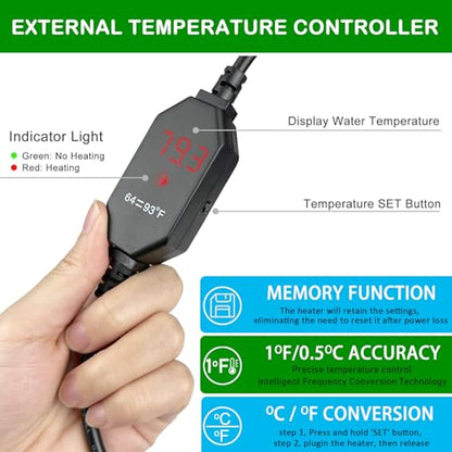 Small Submersible Aquarium Heater, Adjustable Mini Fish Tank Heater 15W 25W 50W with External Temperature Controller, Digital Display, Alumina Ceramic, for 3/5/10 Gallons (50W)