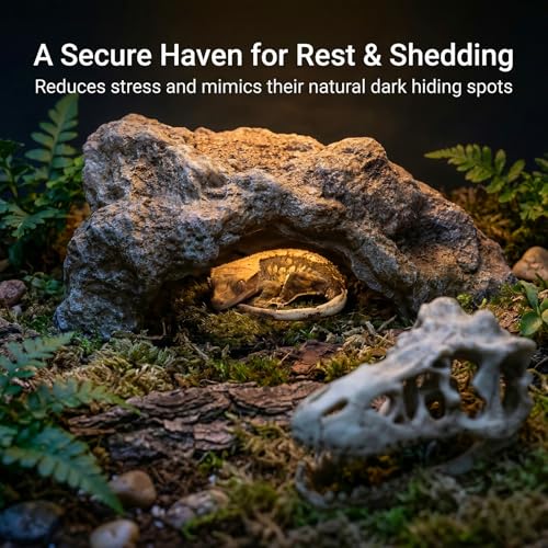 Anxingo Reptile Rock Reptile Cave Hideout for Snakes/Geckos/Lizards/Turtles and Other Amphibians, with Dinosaur Skull (Large) - size: L