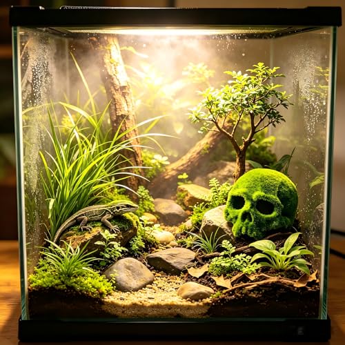 Realistic Mossy Skull Terrarium Ornament - 4.5" Reptile Habitat Decor for Gecko, Spider, Lizard Enclosure