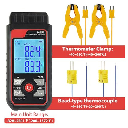 Digital K Type Thermocouple Thermometer (-328~2500℉), Dual Channels Thermometer with 2 HVAC Temperature Clamps & 2 Wired Thermocouple Probes, LED Backlight & ADJ Compensation Temperature Meter Tester