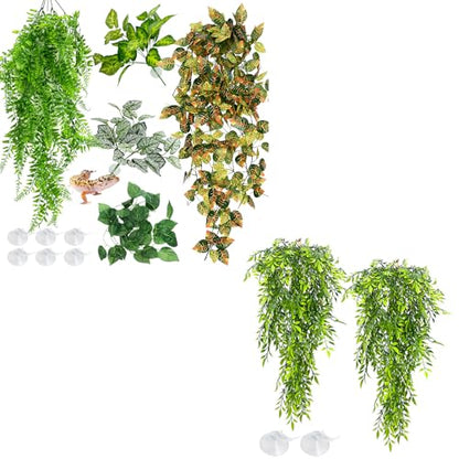 Hamiledyi 5 Pcs Reptile Plants Terrarium Hanging Fake Plant Leaves and Tank Habitat Decorations 2 PCS Terrarium Hanging Plants for Lizard, Snake, Bearded Dragon, Leopard Gecko