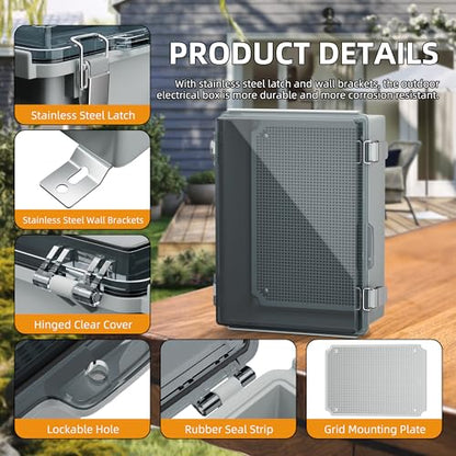 Joinfworld Lockable Outdoor Weatherproof Electrical Box for Electronics Outside 11.4x7.5x5.5 Weather Proof Electrical Box Plastic Nema 4 Enclosure Clear | Stainless Weatherproof ABS Box, DIN Rail, Grid Plate, 2 NPT1/2 Glands, Easy Install for Marine, Sola