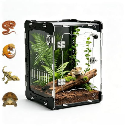 10"x10"x14" Acrylic Reptile Enclosure for Crested Gecko, 6 Gallon Escape-Proof Easy Assembly Large Floor Space, Front Opening Lizard Habitat for Leopard Gecko, Snake, Frog, Small Invertebrates