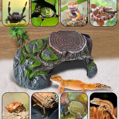 Resin Reptile Hide Cave,Leopard Gecko Cave Hideout Reptiles Habitat Tree Stump Decor Lizard Tank Climbing Ramp Basking Platform Accessories for Gecko Hermit Crab Small Turtle Frog Spider Scorpion