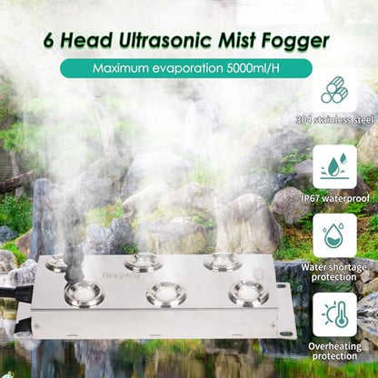 Mist Maker Fogger, 6 Head Ultrasonic Mist Maker, 5000ml/H Ultrasonic Fogger with 250W Power Supply, Perfect for Pond Garden Lawn Rockery Greenhouse Halloween Decoration (6 Head)
