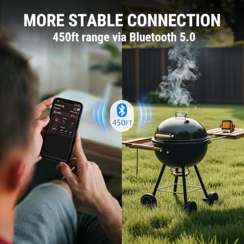 TempPro 450 ft Bluetooth Meat Thermometer with 2 Probes, Meat Thermometer Digital Wireless for BBQ Oven, Smoker Thermometer for Cooking Chicken Steaks Poultry (Previously ThermoPro) - color: Orange